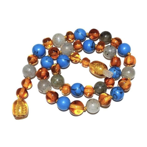 Boys Girls Shoreline Polished Honey Baltic Amber Blue Howlite Labradorite Calming Necklace