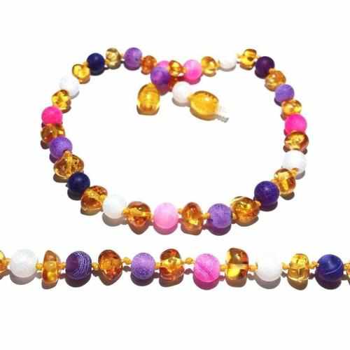 Child Amelie Baltic Amber Pink Purple Dragon Agate Necklace 40cm (XXL)