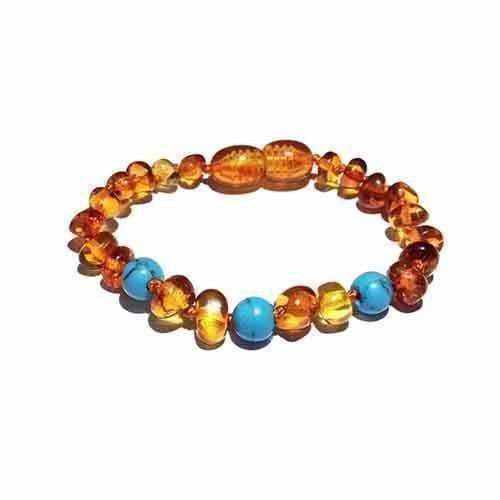 Child Apollo Blue Turquoise Howlite Polished Honey Baltic Amber Anklet