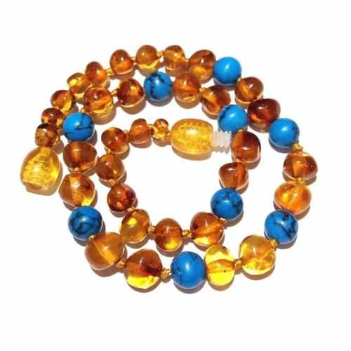 Child Apollo Blue Turquoise Howlite Polished Honey Baltic Amber Anklet