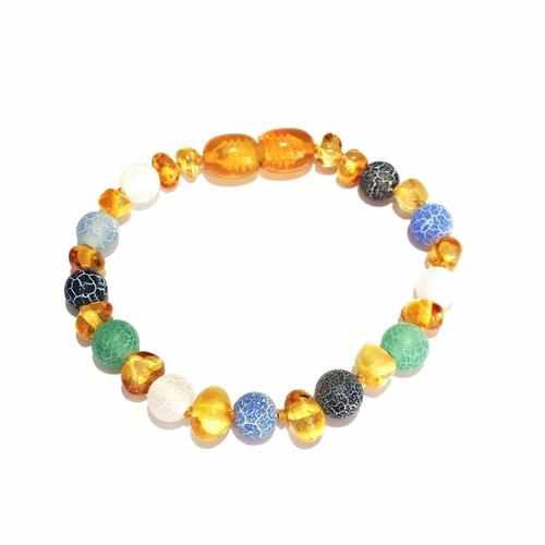 Child Atlantis Blue White Dragon Agate & Honey Baltic Amber Anklet Bracelet