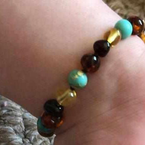 Child Autumn Rain Jasper and Rainbow Baltic Amber Anklet Bracelet