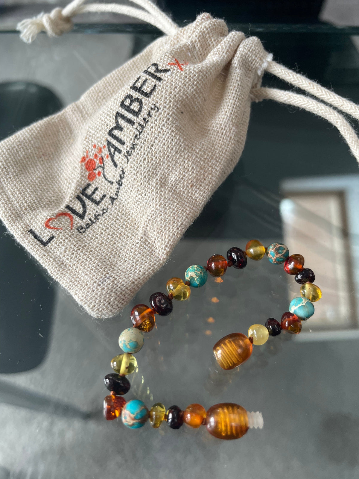 Child Autumn Rain Jasper and Rainbow Baltic Amber Anklet Bracelet