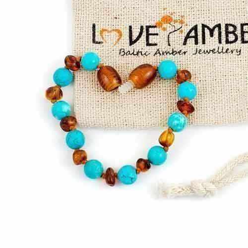 Child Azure Blue Turquoise Howlite Cognac Baltic Amber Anklet Bracelet