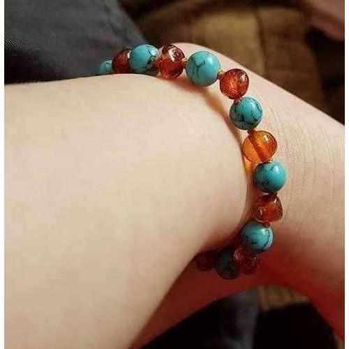 Child Azure Blue Turquoise Howlite Cognac Baltic Amber Anklet Bracelet