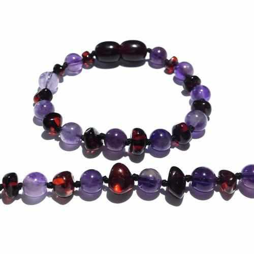 Child Blackberry Amethyst and Dark Cherry Baltic Amber Anklet Bracelet 19cm (XL)