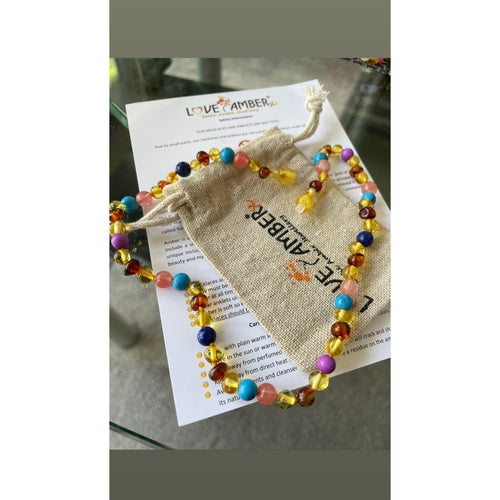 Child Blossom Honey Baltic Amber Purple Howlite Lapis Lazuli Quartz Necklace