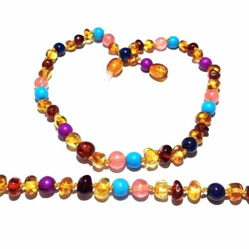 Child Blossom Honey Baltic Amber Purple Howlite Lapis Lazuli Quartz Necklace 40cm (XL)