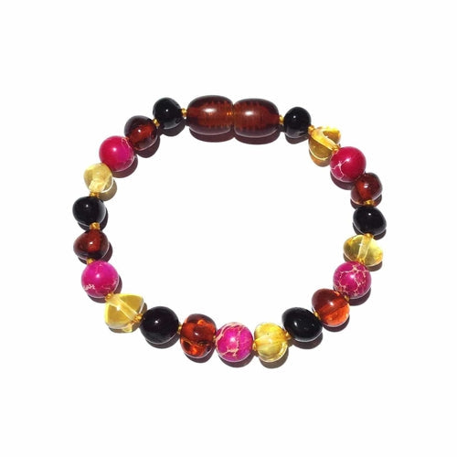 Child Cherry Bomb Pink Jasper and Rainbow Baltic Amber Anklet Bracelet