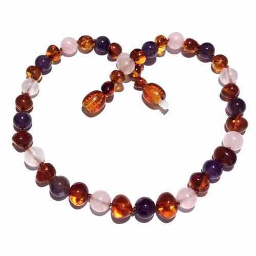 Child Dark Tara Cognac Baltic Amber Amethyst Rose Quartz Necklace