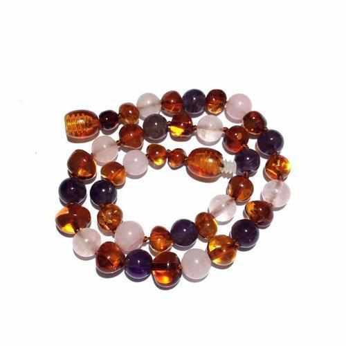 Child Dark Tara Cognac Baltic Amber Amethyst Rose Quartz Necklace