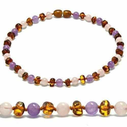 Child Dark Tara Cognac Baltic Amber Amethyst Rose Quartz Necklace