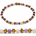 Child Dark Tara Cognac Baltic Amber Amethyst Rose Quartz Necklace