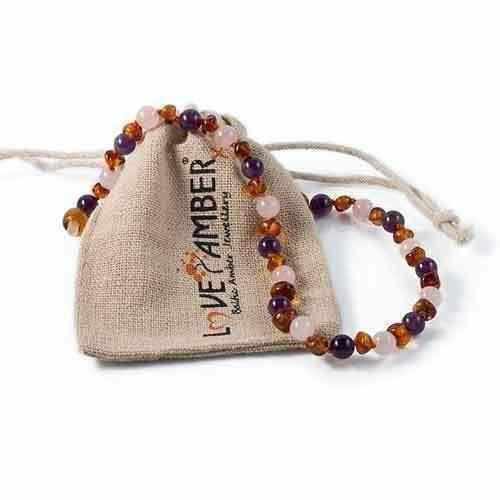 Child Dark Tara Cognac Baltic Amber Amethyst Rose Quartz Necklace