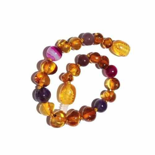 Child Emily Amethyst Purple Pink Agate and Honey Baltic Amber Anklet Bracelet 19cm (XL)