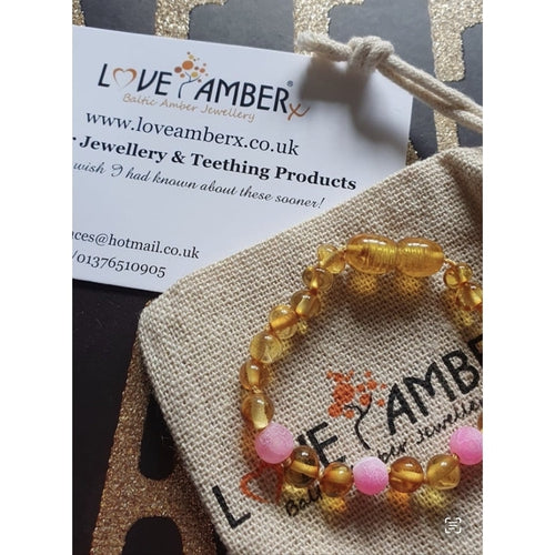 Child Honeysuckle Pink Agate Polished Honey Baltic Amber Anklet Bracelet