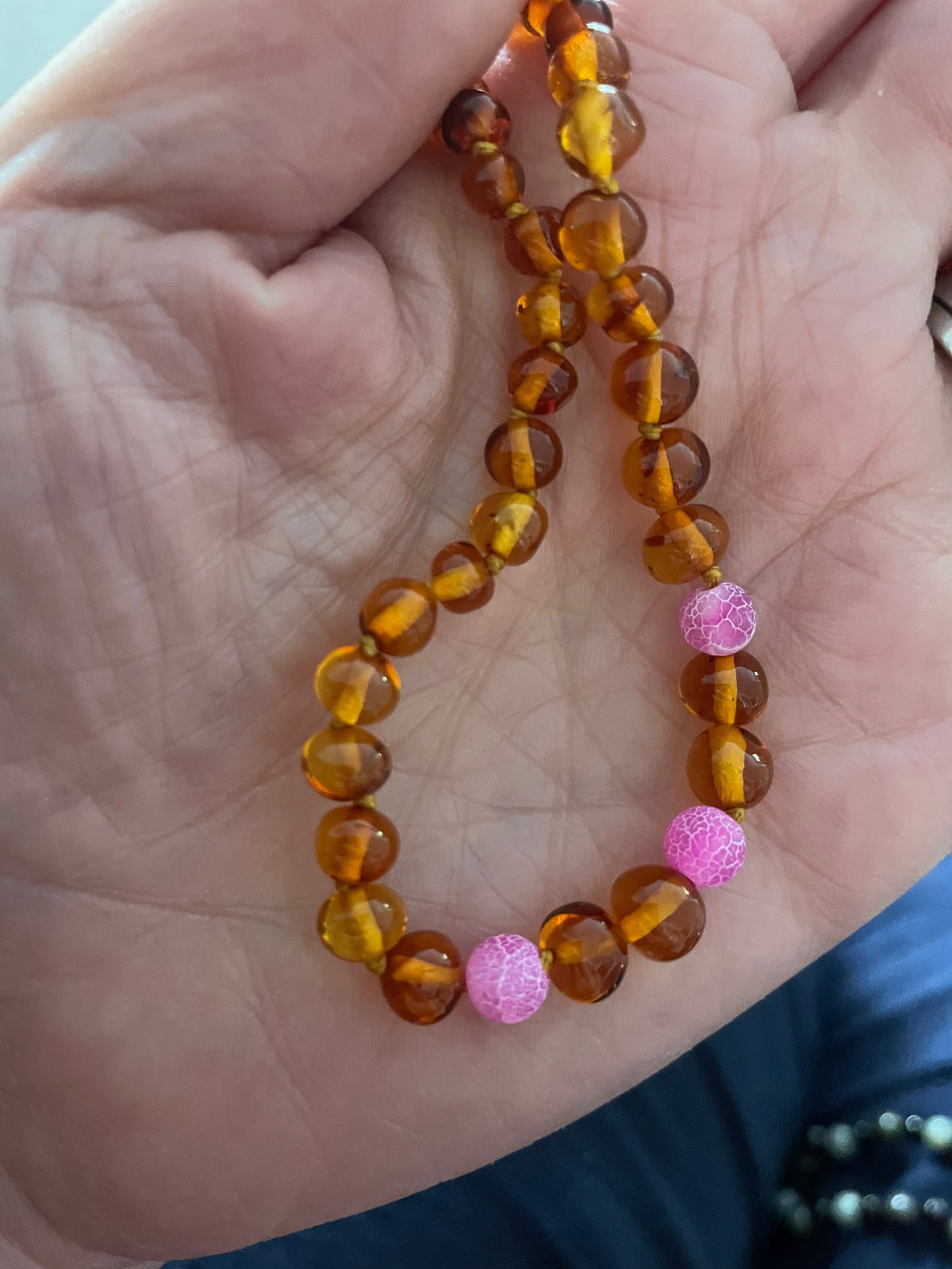 Child Honeysuckle Pink Agate Polished Honey Baltic Amber Anklet Bracelet