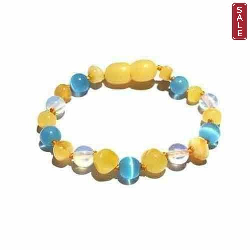 Child Ice Blue Cats Eyes Opalite and Butterscotch Baltic Amber Anklet Bracelet 14cm