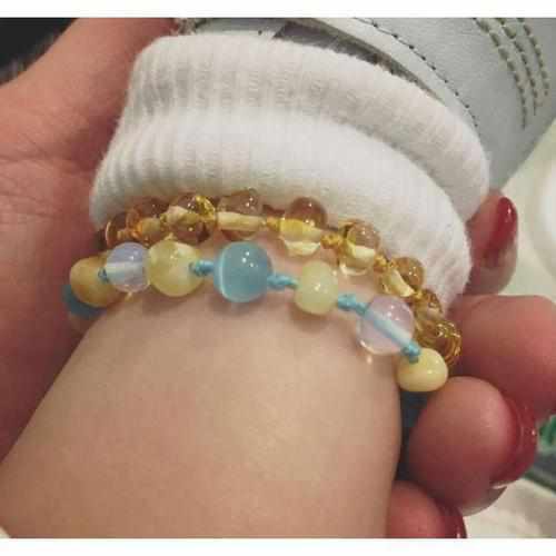Child Ice Blue Cats Eyes Opalite and Butterscotch Baltic Amber Anklet Bracelet