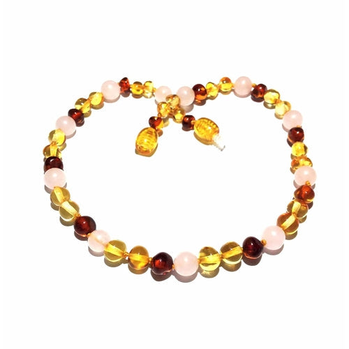 Child Kate Cognac & Honey Baltic Amber Rose Quartz Necklace