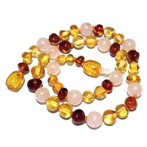 Child Kate Cognac & Honey Baltic Amber Rose Quartz Necklace