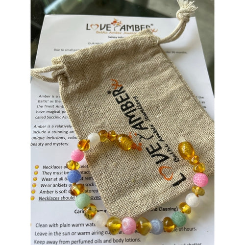 Child Mermaid Pink Blue Green Dragon Agate and Honey Baltic Amber Anklet Bracelet