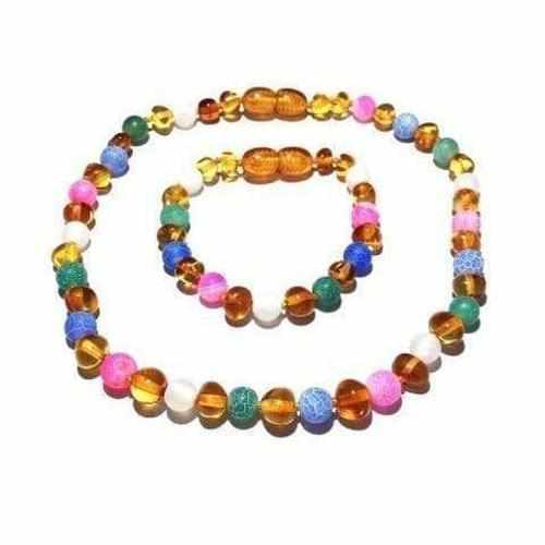 Child Mermaid Pink Blue Green Dragon Agate and Honey Baltic Amber Anklet Bracelet