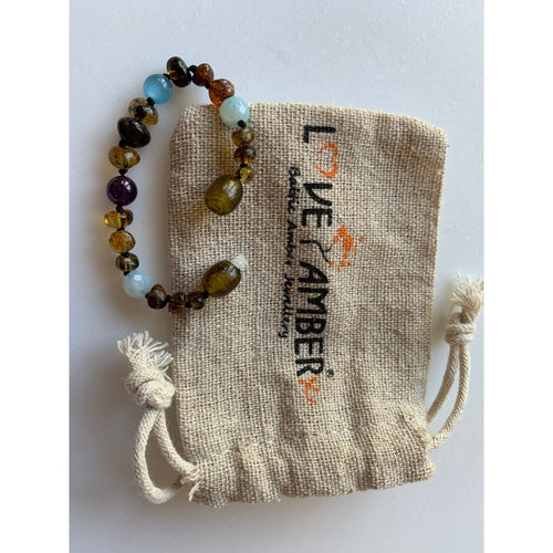 Child Ocean Amethyst Blue Cats Eyes Agate Green Baltic Amber Anklet Bracelet