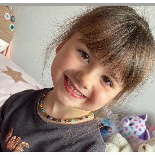 Child Ocean Green Baltic Amber Amethyst Blue Cats Eyes Necklace