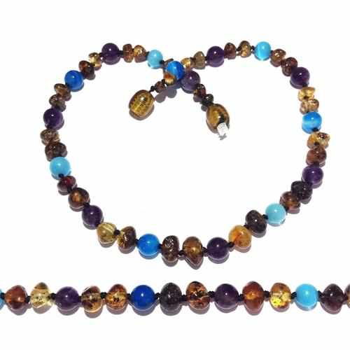 Child Ocean Green Baltic Amber Amethyst Blue Cats Eyes Necklace