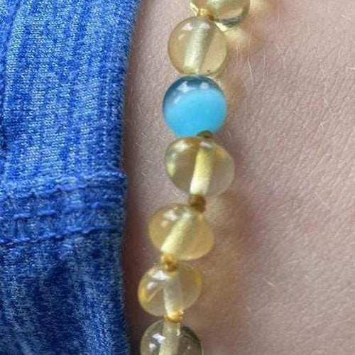Child Paradiso Blue Cats Eyes Aquamarine Gemstones Baltic Amber Anklet Bracelet