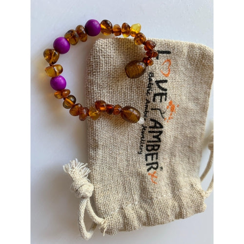 Child Plumberry Purple Howlite and Polished Cognac Baltic Amber Anklet Bracelet