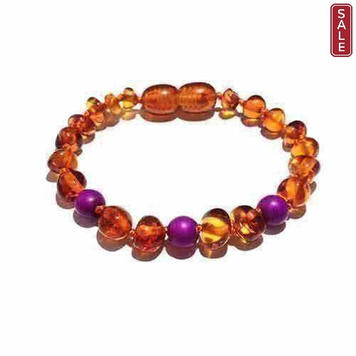 Child Plumberry Purple Howlite and Polished Cognac Baltic Amber Anklet Bracelet