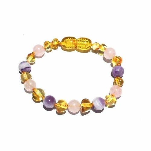 Child Tara Amethyst Purple Rose Quartz Gemstones Baltic Amber Anklet Bracelet 19cm (XXL)