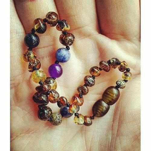 Child Twilight Lapis Lazuli Sodalite Amethyst and Green Baltic Amber Anklet