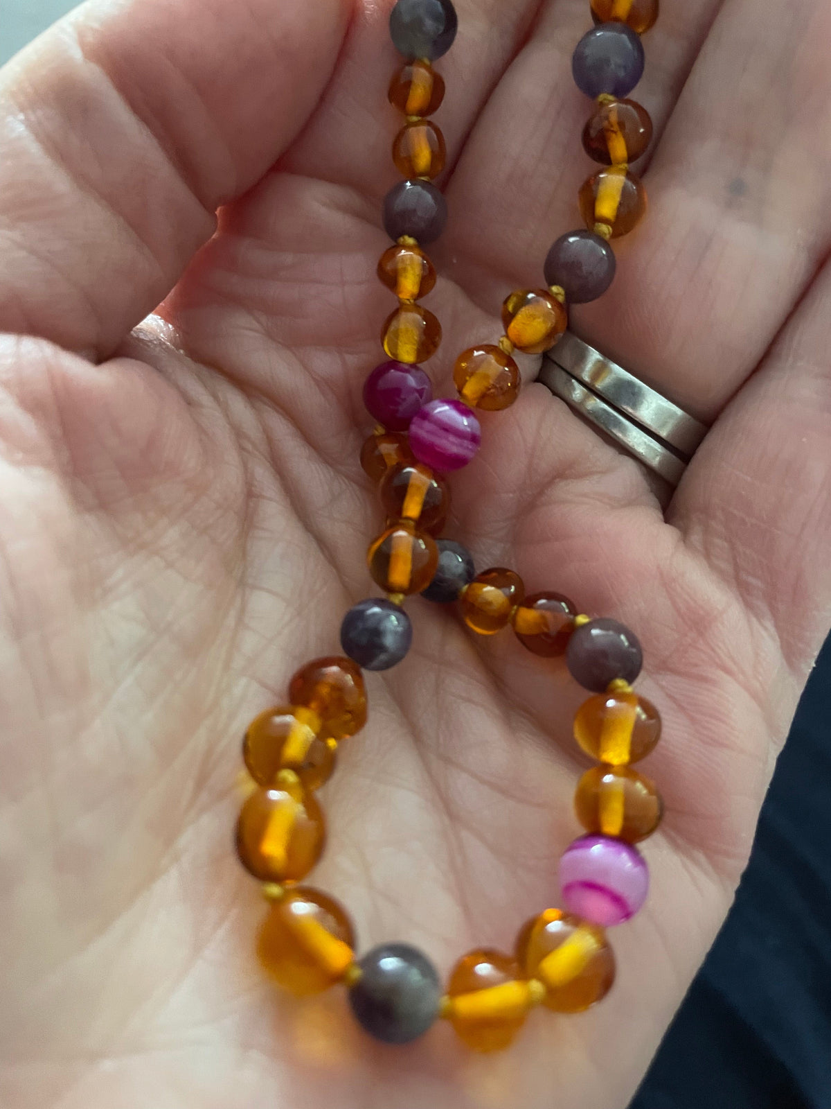 Childs Emily Honey Baltic Amber Amethyst Purple Pink Agate Gemstone Bead Necklace