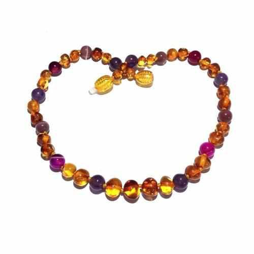 Childs Emily Honey Baltic Amber Amethyst Purple Pink Agate Gemstone Bead Necklace
