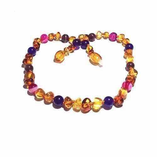 Childs Emily Honey Baltic Amber Amethyst Purple Pink Agate Gemstone Bead Necklace