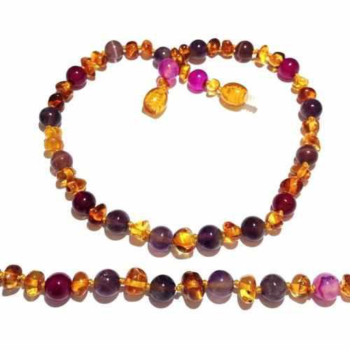 Childs Emily Honey Baltic Amber Amethyst Purple Pink Agate Gemstone Bead Necklace
