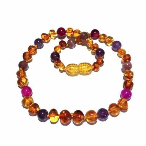 Childs Emily Honey Baltic Amber Amethyst Purple Pink Agate Gemstone Bead Necklace