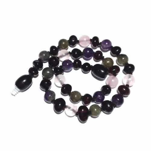 Childs Gaia Black Cherry Baltic Amber Amethyst Rose Quartz Labradorite Gemstone Necklace 40cm (XL)