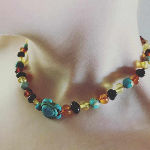 Childs Koopa Blue Turtle Jasper and Polished Rainbow Mixed Baltic Amber Necklace