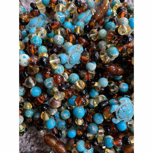 Childs Koopa Blue Turtle Jasper and Polished Rainbow Mixed Baltic Amber Necklace