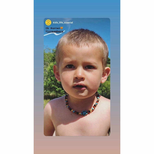 Childs Koopa Blue Turtle Jasper and Polished Rainbow Mixed Baltic Amber Necklace