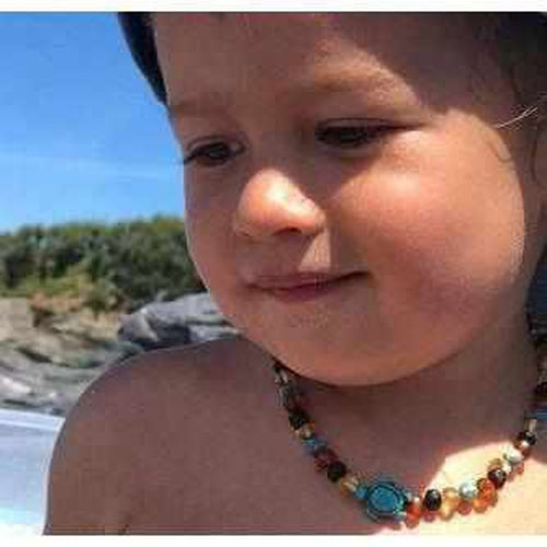 Childs Koopa Blue Turtle Jasper and Polished Rainbow Mixed Baltic Amber Necklace
