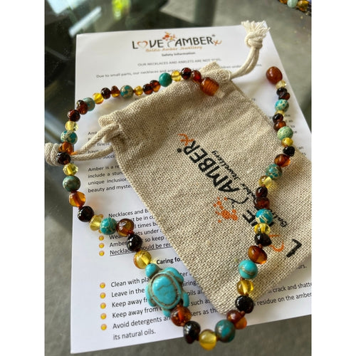 Childs Koopa Blue Turtle Jasper and Polished Rainbow Mixed Baltic Amber Necklace