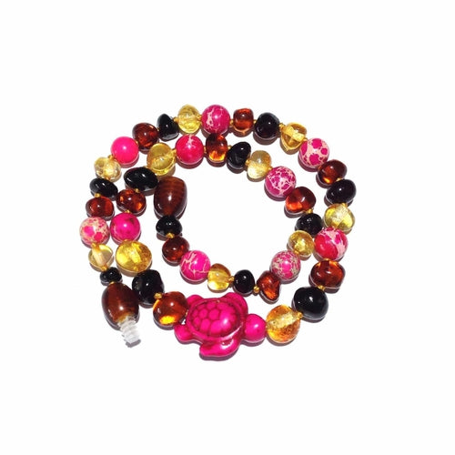 Childs Shelly Turtle Pink Jasper and Polished Rainbow Mixed Baltic Amber Necklace 40cm (XXL)