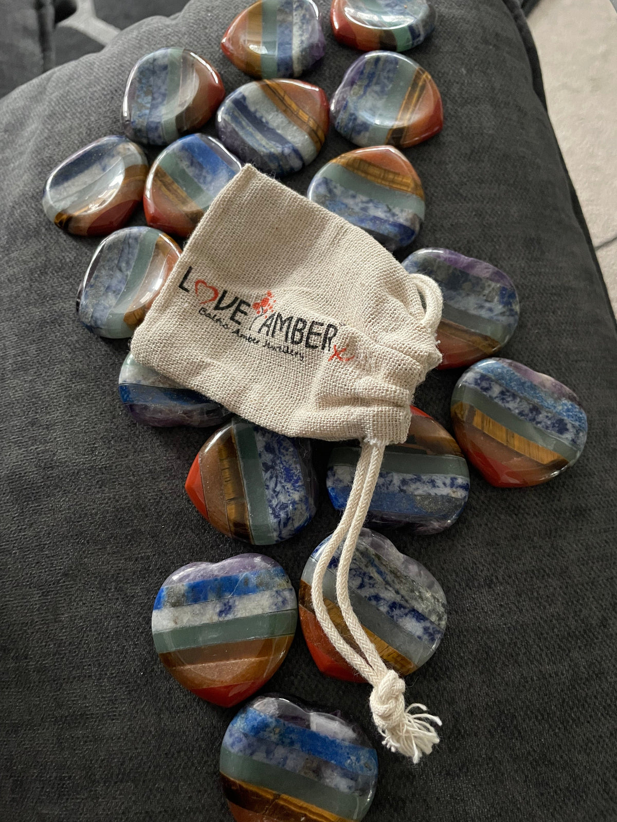 7 Chakra Heart Shape Stone Thumb Worry Stone. Anxiety Healing Crystals Gemstones