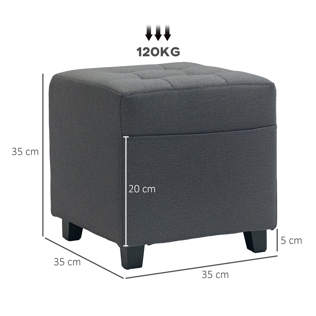 Square Footstool, Small Ottoman with Side Pocket, Linen Fabric Footrest with Rubber Wood Legs and Padded Seat for Living Room, Bedroom, Entryway, 35 x 35 x 35cm, Grey