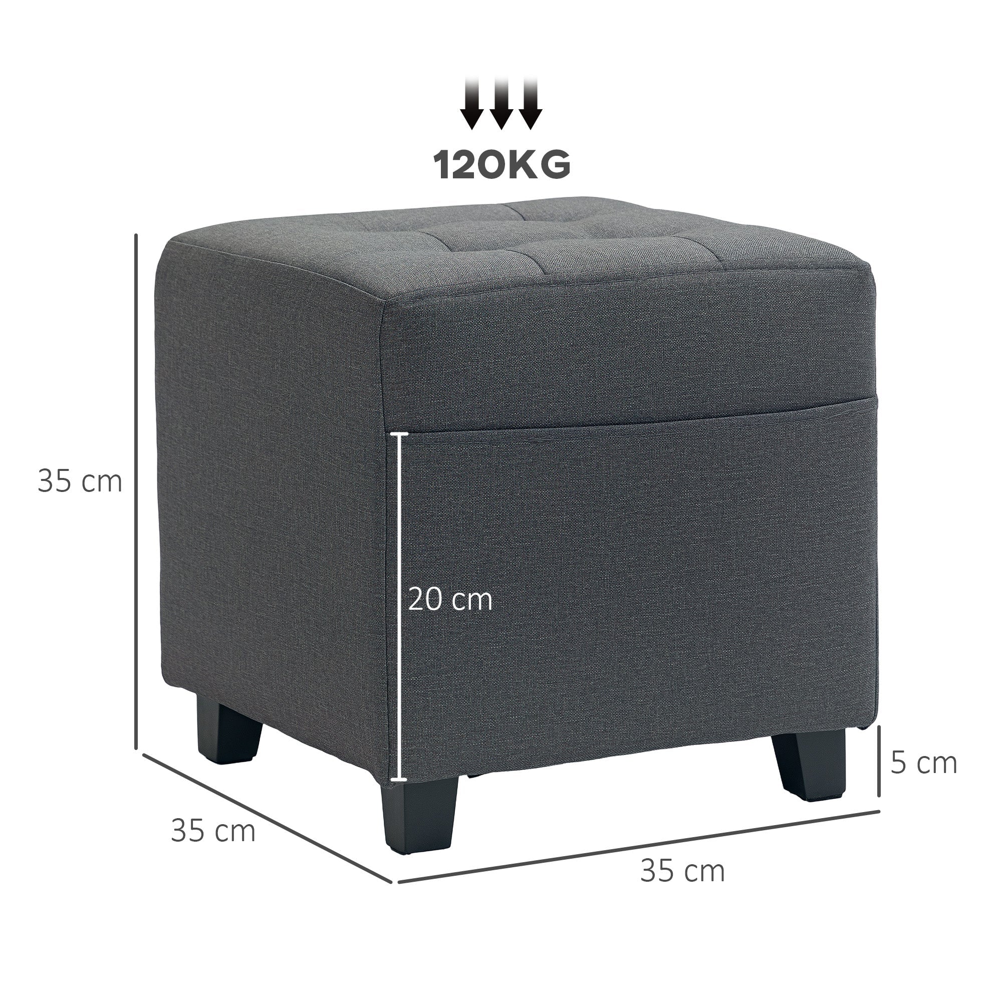 Square Footstool, Small Ottoman with Side Pocket, Linen Fabric Footrest with Rubber Wood Legs and Padded Seat for Living Room, Bedroom, Entryway, 35 x 35 x 35cm, Grey